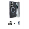 MARSİLYAN™- Galaxy S24 Ultra Kılıf Eksen Çizgi - Siyah Durable Full Glue Curved Hayalet Cam + PVD Metal Kamera Lens - GD