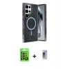 MARSİLYAN™- Galaxy S24 Ultra Kılıf Eksen Çizgi - Siyah Durable Full Glue Curved Hayalet Cam + Siyah Raze Metal Kamera Lens