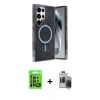 MARSİLYAN™- Galaxy S24 Ultra Kılıf Eksen Çizgi - Siyah Vanessa Magic Hayalet Cam + Raze Metal Kamera Lens - SH