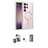 MARSİLYAN™- Galaxy S24 Ultra Kılıf Nova Işık Özel Seri - Siyah AutoKit 5in1 Fiber Hayalet Polymer Nano Ekran Koruyucu + Pembe PVD Metal Kamera Lens