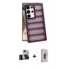 MARSİLYAN™- Galaxy S24 Ultra Kılıf Yadigar Doku Özel Seri - Siyah Bilvis 3D Cam Ekran Koruyucu + PVD Metal Kamera Lens - SH