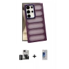 MARSİLYAN™- Galaxy S24 Ultra Kılıf Yadigar Doku Özel Seri - Siyah Durable Full Glue Curved Cam + Derin Mor PVD Metal Kamera Lens