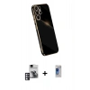 MARSİLYAN™- Galaxy S24 Ultra Kılıf Yankı Serisi - Siyah Durable Full Glue Curved Hayalet Cam + Pembe PVD Metal Kamera Lens