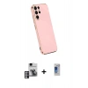 MARSİLYAN™- Galaxy S24 Ultra Kılıf Yankı Serisi - Siyah Durable Full Glue Curved Hayalet Cam + Pembe PVD Metal Kamera Lens