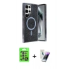 MARSİLYAN™- Galaxy S25 Ultra Kılıf Eksen Çizgi - Şeffaf Pasifik Cam Ekran Koruyucu + Natural Grey Raze Metal Kamera Lens