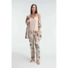 MARSiLYAN-  İp Askılı V Yaka Viskon Çiçek Desenli Yazlık Dantel Detaylı Pijama Sabahlık Takımı