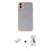 MARSİLYAN™- iPhone 11 Kılıf Ahenk Çizgi Serisi - Şeffaf Pasifik Cam Ekran Koruyucu + Pembe Renkli Kamera Lens Koruma Cam
