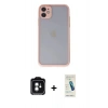 MARSİLYAN™- iPhone 11 Kılıf Ahenk Çizgi Serisi - Şeffaf Pasifik Cam Ekran Koruyucu + Yeşil PVD Metal Kamera Lens