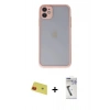 MARSİLYAN™- iPhone 11 Kılıf Ahenk Çizgi Serisi - Şeffaf Uv Polymer Nano Ekran Koruyucu + Kırmızı Rainbow Kamera Lens Koruma Cam