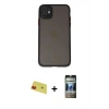 MARSİLYAN™- iPhone 11 Kılıf Ahenk Çizgi Serisi - Siyah 34D Hayalet Izgaralı Cam + Rainbow Kamera Lens Koruma Cam - KI