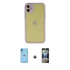 MARSİLYAN™- iPhone 11 Kılıf Ahenk Çizgi Serisi - Siyah 34D Hayalet Izgaralı Cam + Neon Fosforlu Kamera Lens - MI