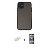 MARSİLYAN™- iPhone 11 Kılıf Ahenk Çizgi Serisi - Siyah 34D Hayalet Izgaralı Cam + Renkli Kamera Lens Koruma Cam - SI