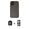 MARSİLYAN™- iPhone 11 Kılıf Ahenk Çizgi Serisi - Siyah 34D Hayalet Izgaralı Cam + PVD Metal Kamera Lens - SH