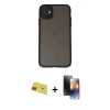 MARSİLYAN™- iPhone 11 Kılıf Ahenk Çizgi Serisi - Siyah 3D Antistatik Mat Seramik Nano Ekran Koruyucu + Kırmızı Rainbow Kamera Lens Koruma Cam