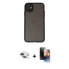 MARSİLYAN™- iPhone 11 Kılıf Ahenk Çizgi Serisi - Siyah 3D Antistatik Mat Seramik Nano Ekran Koruyucu + Lacivert Pers Alüminyum Kamera Lens