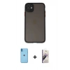 MARSİLYAN™- iPhone 11 Kılıf Ahenk Çizgi Serisi - Siyah Bilvis 3D Mat Cam Ekran Koruyucu + Neon Fosforlu Kamera Lens - MI