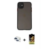 MARSİLYAN™- iPhone 11 Kılıf Ahenk Çizgi Serisi - Siyah Buffer Cam Ekran Koruyucu + Lacivert Pers Alüminyum Kamera Lens