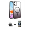 MARSİLYAN™- iPhone 11 Kılıf Ahenk Doku Özel Seri - Siyah 34D Hayalet Izgaralı Cam + Şeffaf Kamera Lens Koruma Cam