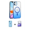 MARSİLYAN™- iPhone 11 Kılıf Ahenk Doku Özel Seri - Siyah Bilvis 5in1 5D Magic Hayalet Cam Ekran Koruyucu + Mavi Neon Fosforlu Kamera Lens