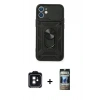 MARSİLYAN™- iPhone 11 Kılıf Ahenk Klasik - Siyah 34D Hayalet Izgaralı Cam + PVD Metal Kamera Lens - SH