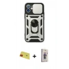 MARSİLYAN™- iPhone 11 Kılıf Ahenk Klasik - Siyah Bilvis 3D Cam Ekran Koruyucu + Kırmızı Rainbow Kamera Lens Koruma Cam