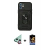 MARSİLYAN™- iPhone 11 Kılıf Ahenk Klasik - Siyah Buffer Hayalet Cam Ekran Koruyucu + Kırmızı Raze Metal Kamera Lens