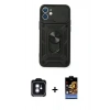 MARSİLYAN™- iPhone 11 Kılıf Ahenk Klasik - Siyah Buffer Hayalet Cam Ekran Koruyucu + Mavi PVD Metal Kamera Lens