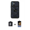 MARSİLYAN™- iPhone 11 Kılıf Ahenk Klasik - Siyah Buffer Hayalet Cam Ekran Koruyucu + Mavi PVD Metal Kamera Lens