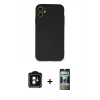 MARSİLYAN™- iPhone 11 Kılıf Ahenk Serisi - Siyah 34D Hayalet Izgaralı Cam + PVD Metal Kamera Lens - YL