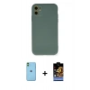 MARSİLYAN™- iPhone 11 Kılıf Ahenk Serisi - Siyah Buffer Hayalet Cam Ekran Koruyucu + Yeşil Neon Fosforlu Kamera Lens