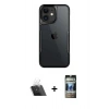 MARSİLYAN™- iPhone 11 Kılıf Akış Çizgi Koleksiyonu - Siyah 34D Hayalet Izgaralı Cam + Kamera Lens Koruma Cam - SF