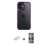 MARSİLYAN™- iPhone 11 Kılıf Akış Çizgi Koleksiyonu - Siyah 34D Hayalet Izgaralı Cam + Renkli Kamera Lens Koruma Cam - SI