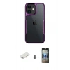 MARSİLYAN™- iPhone 11 Kılıf Akış Çizgi Koleksiyonu - Siyah 34D Hayalet Izgaralı Cam + Renkli Kamera Lens Koruma Cam - YL