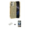 MARSİLYAN™- iPhone 11 Kılıf Eksen Çizgi - Siyah 34D Hayalet Izgaralı Cam + Renkli Kamera Lens Koruma Cam - TU