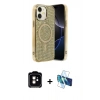 MARSİLYAN™- iPhone 11 Kılıf Eksen Çizgi - Siyah 3D Antistatik Seramik Nano Ekran Koruyucu + Turuncu PVD Metal Kamera Lens
