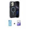MARSİLYAN™- iPhone 11 Kılıf Eksen Çizgi - Siyah Bilvis 5in1 5D Magic Hayalet Cam Ekran Koruyucu + Neon Fosforlu Kamera Lens - MI