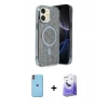 MARSİLYAN™- iPhone 11 Kılıf Eksen Çizgi - Siyah Bilvis 5in1 5D Magic Hayalet Cam Ekran Koruyucu + Neon Fosforlu Kamera Lens - TU