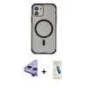 MARSİLYAN™- iPhone 11 Kılıf Eksen Klasik Koleksiyonu - Şeffaf Pasifik Cam Ekran Koruyucu + Mor Raze Metal Kamera Lens