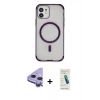 MARSİLYAN™- iPhone 11 Kılıf Eksen Klasik Koleksiyonu - Şeffaf Pasifik Cam Ekran Koruyucu + Mor Raze Metal Kamera Lens