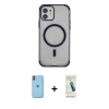 MARSİLYAN™- iPhone 11 Kılıf Eksen Klasik Koleksiyonu - Şeffaf Pasifik Cam Ekran Koruyucu + Neon Fosforlu Kamera Lens - TU