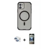MARSİLYAN™- iPhone 11 Kılıf Eksen Klasik Koleksiyonu - Siyah 34D Hayalet Izgaralı Cam + Pers Alüminyum Kamera Lens - GI
