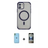 MARSİLYAN™- iPhone 11 Kılıf Eksen Klasik Koleksiyonu - Siyah 34D Hayalet Izgaralı Cam + Neon Fosforlu Kamera Lens - YL