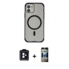 MARSİLYAN™- iPhone 11 Kılıf Eksen Klasik Koleksiyonu - Siyah 34D Hayalet Izgaralı Cam + PVD Metal Kamera Lens - MI