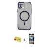 MARSİLYAN™- iPhone 11 Kılıf Eksen Klasik Koleksiyonu - Siyah 34D Hayalet Izgaralı Cam + Rainbow Kamera Lens Koruma Cam - KI