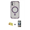 MARSİLYAN™- iPhone 11 Kılıf Eksen Klasik Koleksiyonu - Siyah 34D Hayalet Izgaralı Cam + Rainbow Kamera Lens Koruma Cam - KI