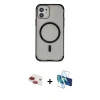 MARSİLYAN™- iPhone 11 Kılıf Eksen Klasik Koleksiyonu - Siyah 3D Antistatik Cam Ekran Koruyucu + Pers Alüminyum Kamera Lens - KI
