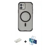 MARSİLYAN™- iPhone 11 Kılıf Eksen Klasik Koleksiyonu - Siyah 3D Antistatik Cam Ekran Koruyucu + Renkli Kamera Lens Koruma Cam - SI