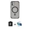 MARSİLYAN™- iPhone 11 Kılıf Eksen Klasik Koleksiyonu - Siyah 3D Antistatik Cam Ekran Koruyucu + PVD Metal Kamera Lens - TU