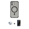 MARSİLYAN™- iPhone 11 Kılıf Eksen Klasik Koleksiyonu - Siyah 3D Antistatik Hayalet Cam Ekran Koruyucu + Pers Alüminyum Kamera Lens - GI