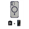 MARSİLYAN™- iPhone 11 Kılıf Eksen Klasik Koleksiyonu - Siyah 3D Antistatik Hayalet Cam Ekran Koruyucu + PVD Metal Kamera Lens - TU